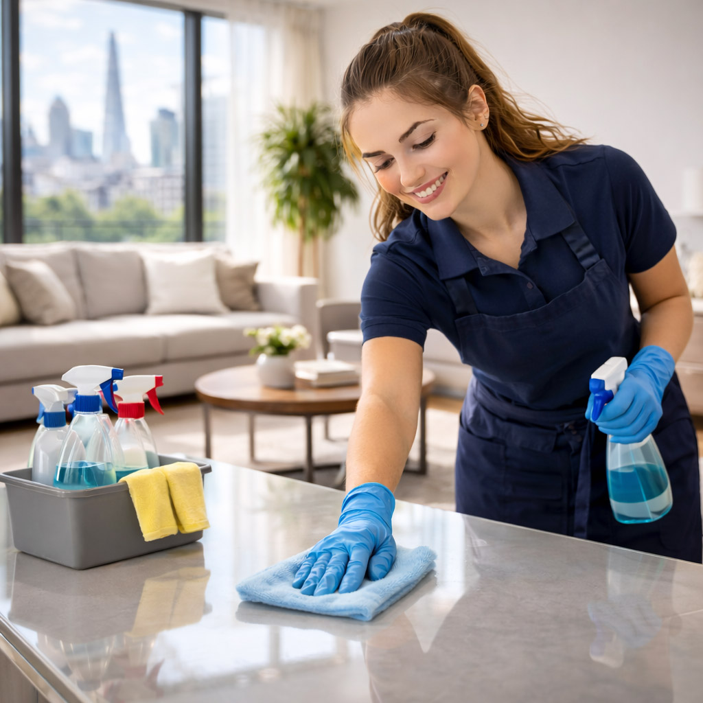 professional cleaning services London cleaner wiping kitchen countertop hygienic and spotless results