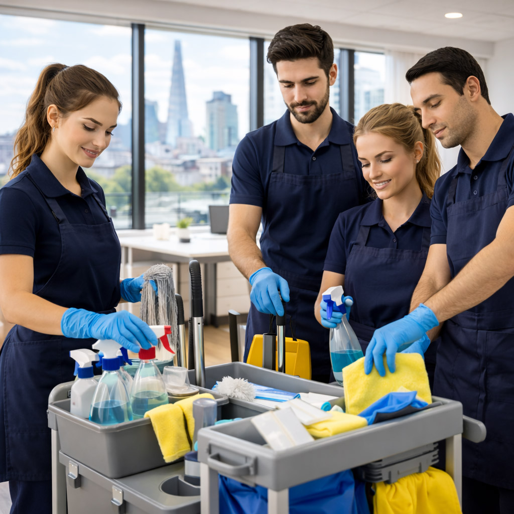 professional cleaning team London preparing equipment for high quality cleaning services
