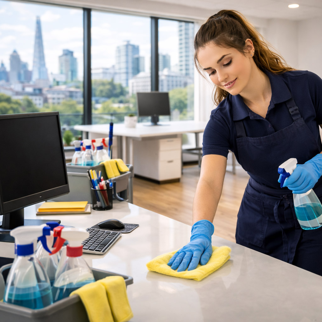 professional cleaner London disinfecting office desk maintaining hygiene and safety standards